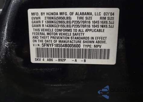 2004 Honda Pilot Ex-L from USA, damaged, VIN 5FNYF18554B005600